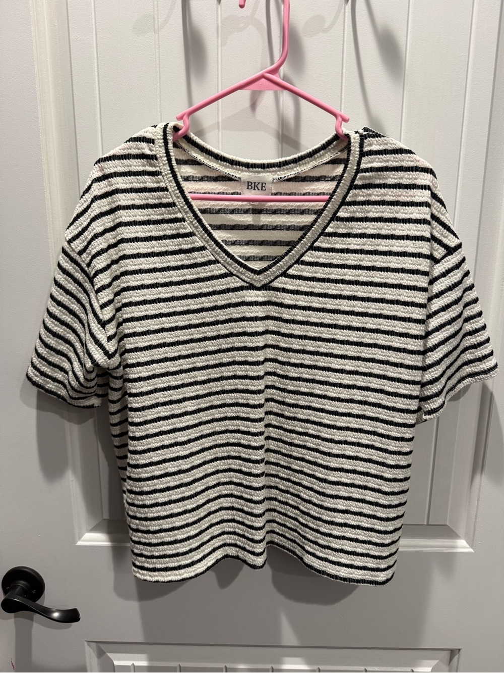 BKE Black and White Striped V-Neck Short Sleeve Top
